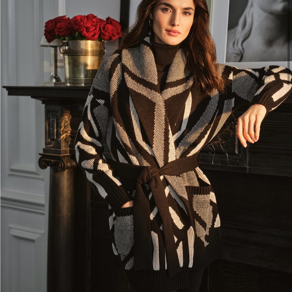 Ralph Lauren Women’s Geo-Motif  Belted Wool Blend XS Cardigan